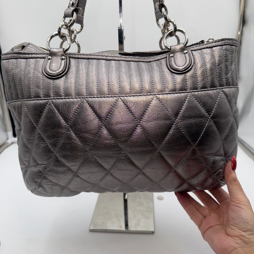 Coach Poppy Quilted Metallic Leather Tote Bag Silver Shoulder Handbag - Picture 9 of 10